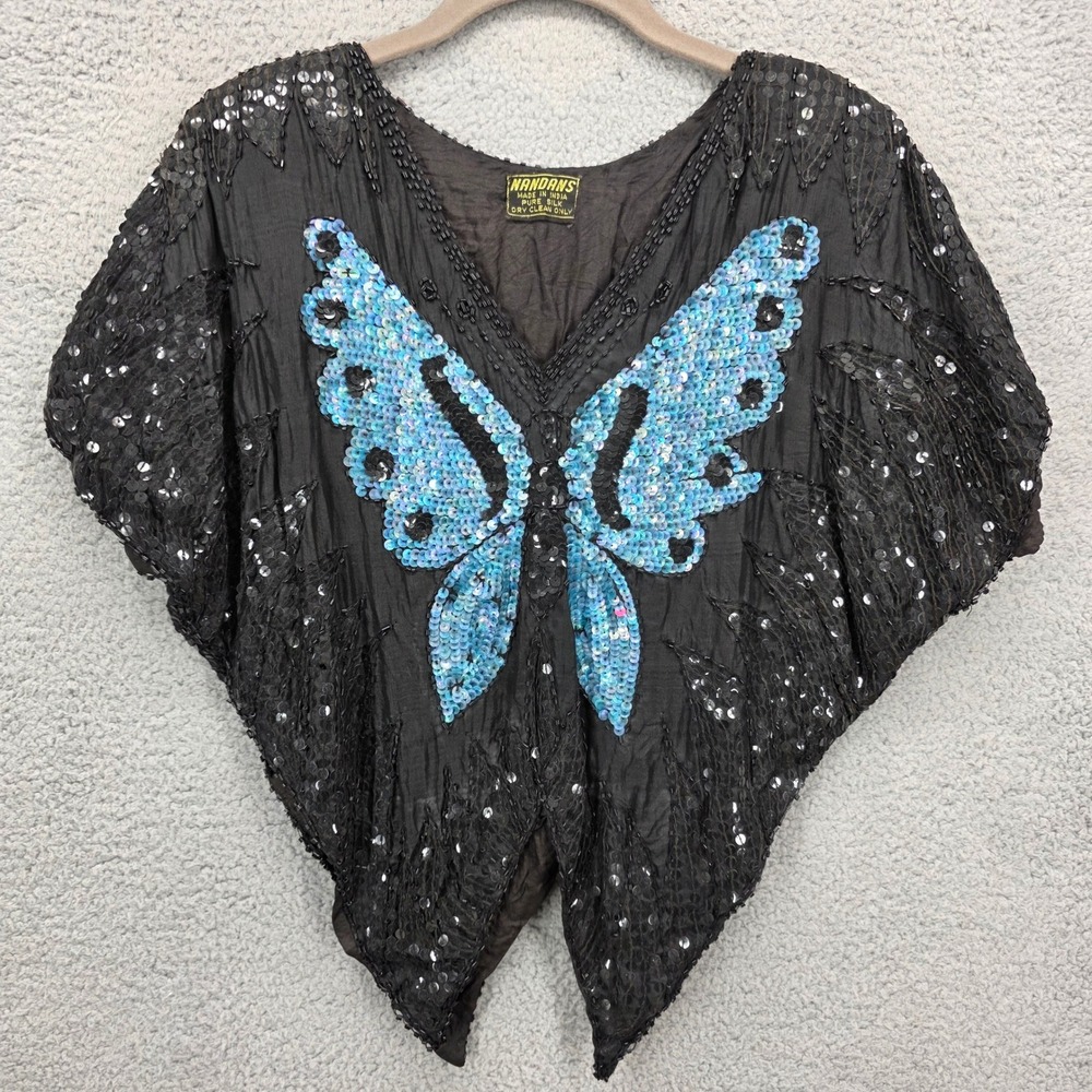 Vintage Nandans Pure Silk Beaded Sequin Butterfly Top Black Blue Boho Festival